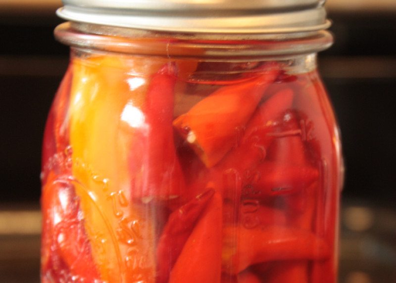 Pickled garlicky red peppers recipe | 38 calories | Happy Forks